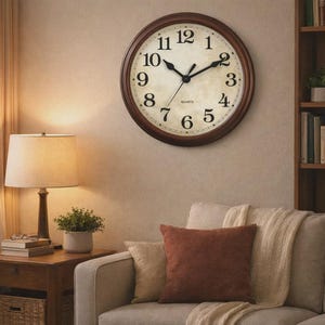 May include: A round wall clock with a dark brown wooden frame. The clock face is off-white with black numerals and hands. The clock is mounted on a beige wall, above a sofa with pillows and a throw blanket. The clock is a decorative home decor item.