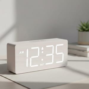 May include: A rectangular digital alarm clock with a light wood grain finish displays the time as 12:35 AM in bright white digits. The clock has a simple, modern design and includes a DST indicator.