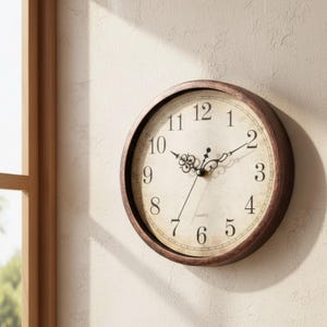 Pode incluir: Um relógio de parede redondo com moldura castanha e mostrador creme. O relógio apresenta algarismos e ponteiros pretos, com um adorno decorativo no centro. O relógio está montado numa parede clara.