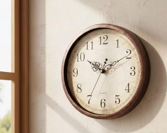 May include: A round wall clock with a brown frame and a cream-colored face. The clock features black numerals and hands, with a decorative flourish at the center. The clock is mounted on a light-colored wall.