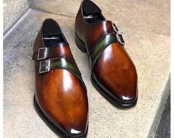 Handmade Brown Patina Double Monk Strap Shoes, Hand-Painted Leather Formal Wear