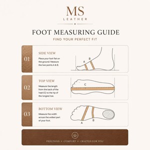 May include: A foot measuring guide infographic by MS LEATHER with brown and white text. It features three numbered sections: Side View showing points A and B, Top View with a ruler measuring heel to toe, and Bottom View measuring foot width.