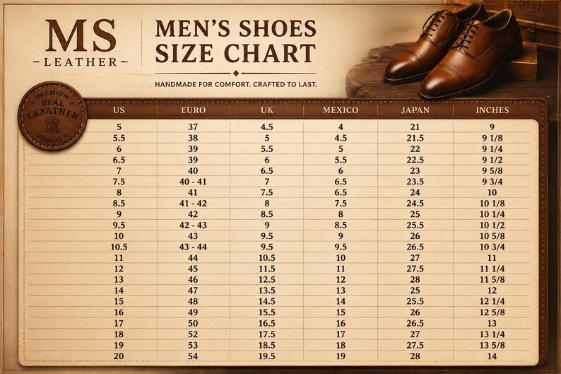 May include: A brown leather shoe size chart titled MS LEATHER MEN'S SHOES SIZE CHART with a round premium real leather quality seal. The chart displays columns for US, EURO, UK, MEXICO, JAPAN, and INCHES sizes, featuring a pair of brown dress shoes.