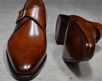 Brown Patina Monk Strap Shoes for Men, Handmade Hand Painted Leather Dress Shoes