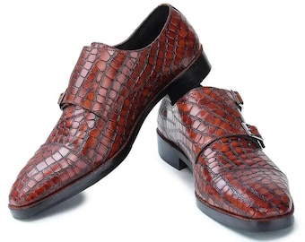 Brown Crocodile Embossed Double Monk Strap Shoes for Men, Handmade Leather Dress Shoes
