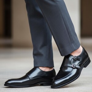 May include: A pair of polished black leather double monk strap shoes featuring silver-toned metal buckles on the side straps and a smooth, rounded toe design, worn with charcoal gray tailored trousers that fall just above the ankle.