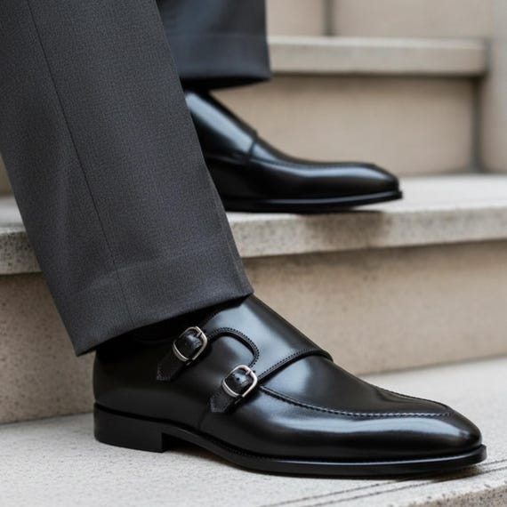 Men's Black Leather Double Monk Strap Dress Shoes, Handmade Formal Business Footwear