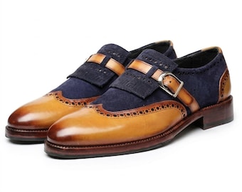 Handmade Navy Suede Monk Strap Shoes, Kiltie Wingtip Brogue, Formal Dress Shoes