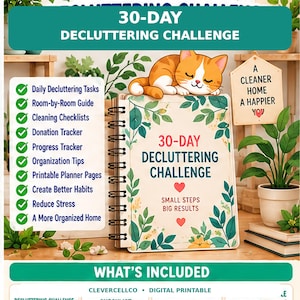 May include: A spiral-bound 30-day decluttering challenge planner featuring a sleeping orange cat on top. The cover displays the text 30-DAY DECLUTTERING CHALLENGE, SMALL STEPS BIG RESULTS, and leaf illustrations. A list of features includes daily tasks, checklists, and trackers.