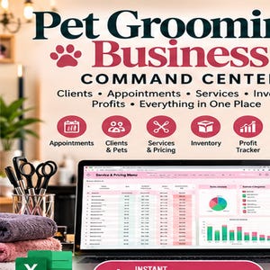 Può includere: Una dashboard digitale Pet Grooming Business Command Center visualizzata su uno schermo di un portatile, con sezioni per clienti, appuntamenti, servizi, inventario e profitti. L'interfaccia include grafici, tabelle e icone per i dati.
