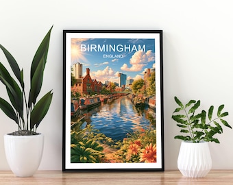 Birmingham England Travel Poster, Birmingham Print, Birmingham Wall Art,  Birmingham Art, Birmingham Poster, Birmingham Canal Print