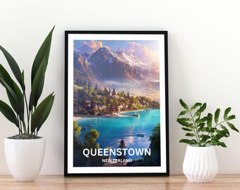 Queenstown Travel Poster | Lake Wakatipu Wall Art Print | New Zealand Mountain Landscape | Queenstown NZ Artwork | Queenstown Poster