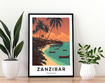 May include: A framed travel poster featuring a tropical beach scene in Zanzibar, Tanzania. The illustration depicts palm trees, calm turquoise water, and small wooden boats under a warm orange sunset sky. The text ZANZIBAR TANZANIA is printed below.