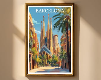 May include: A framed art print featuring a vibrant illustration of Barcelona's Sagrada Familia cathedral. The artwork showcases the iconic architecture, palm trees, and buildings under a clear blue sky, with the word "BARCELONA" at the top.