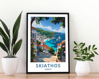 May include: A framed travel poster featuring a vibrant illustration of the Greek island of Skiathos. The artwork depicts white buildings with red roofs, pink flowers, and sailboats on a bright blue sea under a clear sky. The text reads SKIATHOS GREECE.