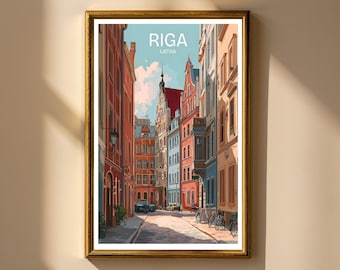 Riga Latvia Travel Poster Wall Art | Historic Baltic City Illustration Print | Old Town Architecture Decor | Street View Print