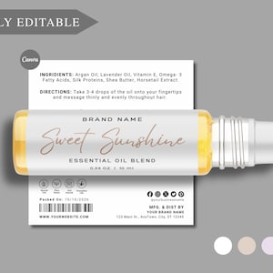 May include: A clear glass essential oil blend roller bottle with a white label that reads "Sweet Sunshine." The label also includes the ingredients and directions. The bottle contains 0.34 oz or 10 ml of oil.