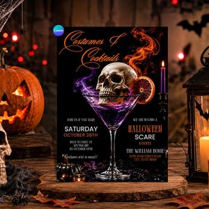 May include: A Halloween party invitation flyer titled Costumes & Cocktails featuring a skull resting in a martini glass filled with purple liquid, orange smoke, and a citrus slice, with event details including date, time, and location text.