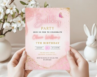 Pink Gold Birthday Invitation | Girl Birthday Party Invite | Elegant Pink Birthday Invite | Editable Birthday Invitation | Digital Download