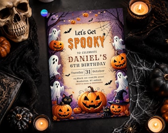 Let's Get Spooky Birthday Invitation Template | Kids Halloween Party Invite | Cute Ghost and Pumpkin | Canva Editable Digital Download