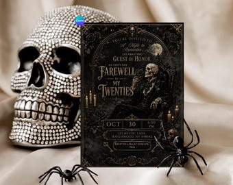 30th Birthday Invitation, RIP My Twenties, Gothic Halloween Party, Editable Canva Template, Skull Skeleton Printable Invite