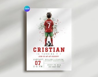 Invito di compleanno a tema calcio per ragazzo, Cristiano compie 7 anni, invito per festa di compleanno a tema calcio, biglietto di auguri di compleanno a tema sportivo, stampabile modificabile