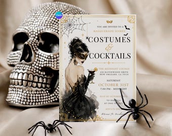 Halloween Masquerade Party Invitation, Editable Canva Template, Elegant Costume Ball Invite, Gothic Gold Mask, Adult Costume Party