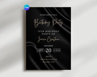 Adult Birthday Invitation Template, Elegant Black Birthday Invite, Editable Canva Birthday Invitation, Modern Party Invite Digital