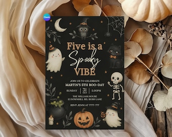 Five is a Spooky Vibe Halloween Ghost Party Invitation, Editable Spooky Ghost 5th BirthdayTemplate, Digital Download