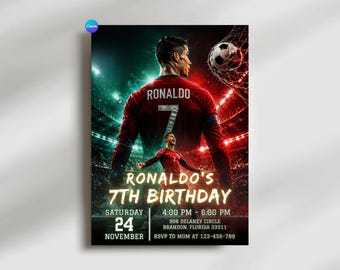 Cristiano Ronaldo Birthday Invitation, Editable Soccer Party Invite, CR7 Football Theme, Instant Download