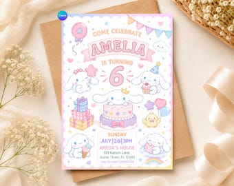 Cute Puppy Birthday Invitation Template, Editable Pastel Puppy Party Invite, Kawaii Birthday Invitation, Canva Digital Download