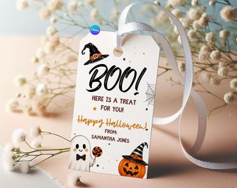 Halloween Favor Tags, Boo Treat Bag Tags, Printable Halloween Gift Tags, Witch & Ghost Party Favor, Editable Canva Template