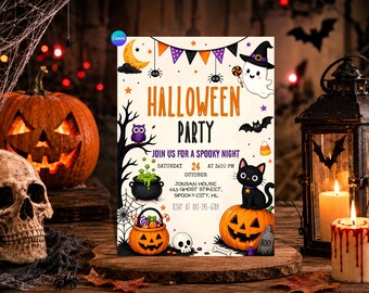 Halloween Party Invitation, Kids Halloween Invite, Editable Canva Template, Spooky Pumpkin Ghost Party, Printable Digital Invitation