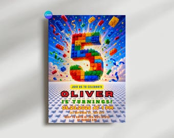 Building Block Birthday Invitation, Editable Brick Party Invite, Building Blocks Kids Birthday Party Invite Card