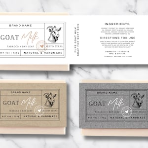May include: Goat milk soap bars with labels. The labels feature the text "Goat Milk," "Tabacco + Bay Leaf," and a goat illustration. Each bar weighs 4 oz (120g) and is labeled "Natural & Handmade."