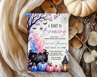 Halloween Gender Reveal Invitation, He or She, A Baby is Brewing Baby Shower Invite, Boy or Girl Halloween Party, Editable Canva Template