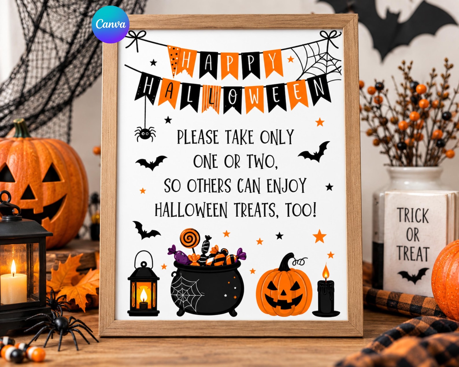 A Mini Banner Above the Instructions Halloween candy sign with a small happy-Halloween banner and cauldron illustration.