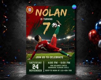 Ronaldo Bicycle Kick Birthday Invitation Template, Football Birthday Party Invite, Sports Birthday Invitation, CR7 Football Theme, Easy Edit