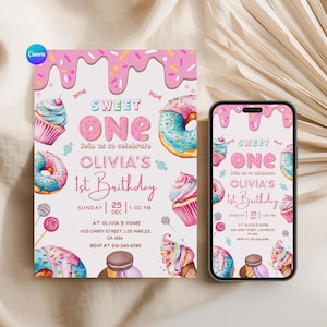 Invitación editable para celular de Sweet One Birthday, invitación de Sweet One Birthday, invitación de Candy Land Birthday, invitación electrónica de Sweet Candy