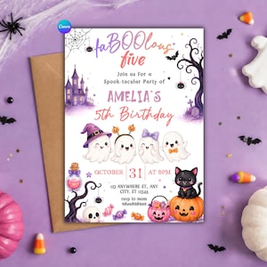 May include: A rectangular Halloween-themed birthday invitation card featuring the text faBOOlous five, Amelia's 5th Birthday, and October 31 at 9PM. The design includes illustrations of four ghosts, a black cat on a pumpkin, a haunted house, and trees.
