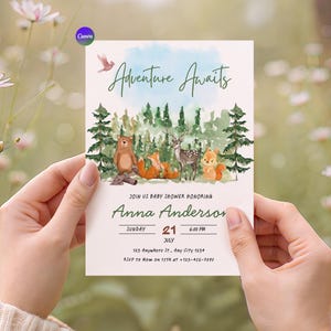 May include: A baby shower invitation with the text "Adventure Awaits" and a watercolor illustration of forest animals. The invitation includes the name "Anna Anderson", date, time, and location details.