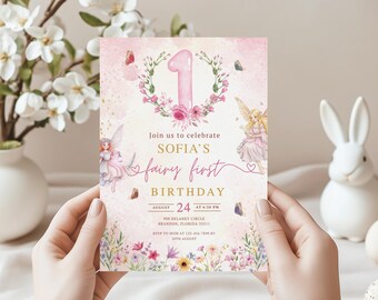 Fairy First Birthday Invitation | 1st Birthday Fairy Invite | Pink Floral Fairy Bday | Editable Fairy Birthday Invitation | Digital Download
