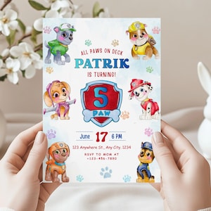 Op de afbeelding: Een verjaardagsuitnodiging met cartoonpuppy's uit de Paw Patrol-serie. De uitnodiging bevat de tekst "All Paws on Deck, Patrik is Turning!" en details voor het feest, inclusief datum, tijd en locatie.