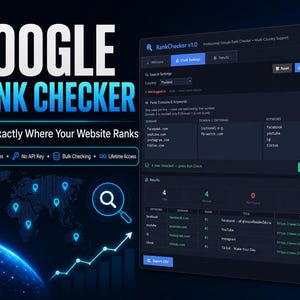 May include: A dark-themed software interface titled RankChecker v1.0, featuring a dashboard for tracking website rankings. The screen displays input fields for domains and keywords, a results table, and a world map graphic with location pins.