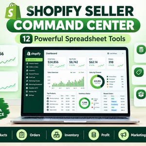 以下が含まれることがあります： 12個の強力なスプレッドシートツールを備えたShopifyセラーコマンドセンターダッシュボードを表示するノートパソコン。画面には純売上高、注文数、純利益、AOV、在庫価値のデータが表示されています。テキスト：Plan Track GrowおよびAll Your Store Data In One Place。