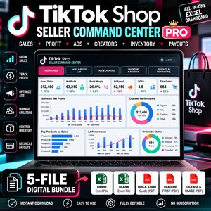 May include: A digital dashboard for TikTok Shop Seller Command Center Pro displayed on a laptop screen. The interface features charts, graphs, and metrics for sales, profit, ads, creators, inventory, and payouts. Includes a 5-file digital bundle.