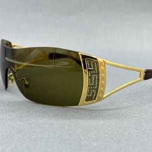Versace Y2K Shield Wraparound Sunglasses Gold Green Vintage Women image 1