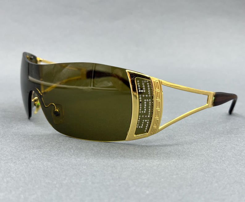 Versace Y2K Shield Wraparound Sunglasses Gold Green Vintage Women image 1