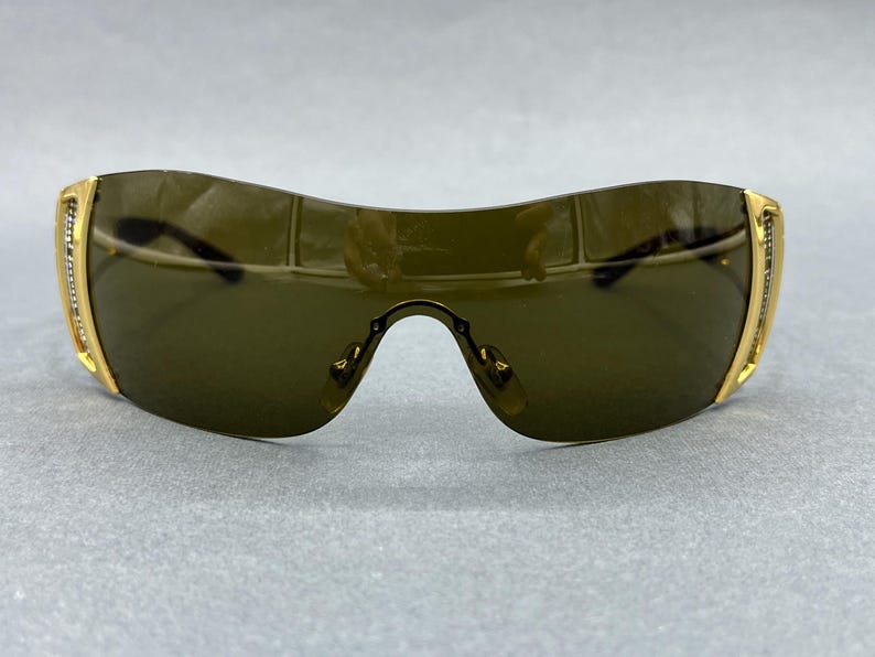 Versace Y2K Shield Wraparound Sunglasses Gold Green Vintage Women image 2