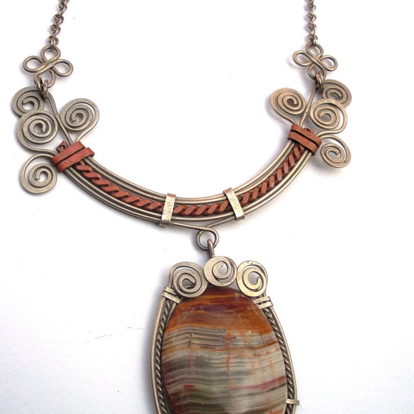 Copper Silver Necklace/ Petrified Wood/ Spiral/ OOAK Organic Artisan Peruvian Jewelry/Statement Jewelry